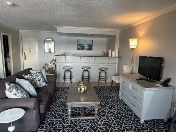 A cozy living room with a sofa, coffee table, TV, bar stools, and a kitchenette. Decorative pillows and a patterned rug add style.