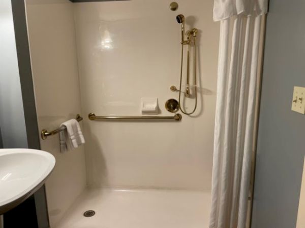 The image shows a shower area with grab bars, a handheld showerhead, a curtain, and a towel rack, suggesting an accessible design.