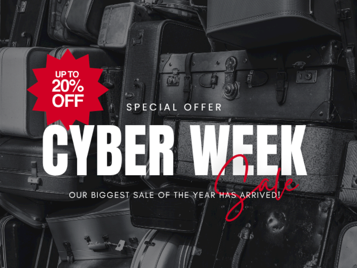 A Cyber Week sale advertisement offering up to 20% off on suitcases in a promotional image.
