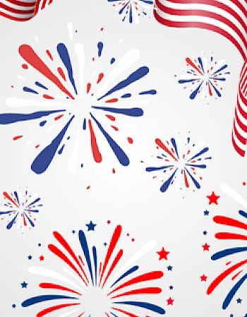 The image shows a festive design with red, white, and blue fireworks and a waving American flag at the top.