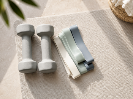 Two gray dumbbells and a rolled resistance band set sit on a beige textured tablecloth.