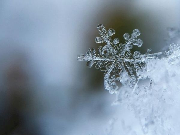 A close-up of a delicate snowflake perched on a frosty surface, showing intricate crystalline patterns in icy detail.