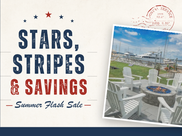 Stars, Stripes & Savings &mdash; Summer Flash Sale, with a photo of a seaside patio by the water, all in a patriotic, nautical theme.
