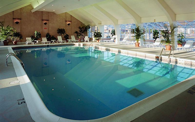 An indoor hotel swimming pool with loungers, potted plants, and a sunlit glass-roofed space.