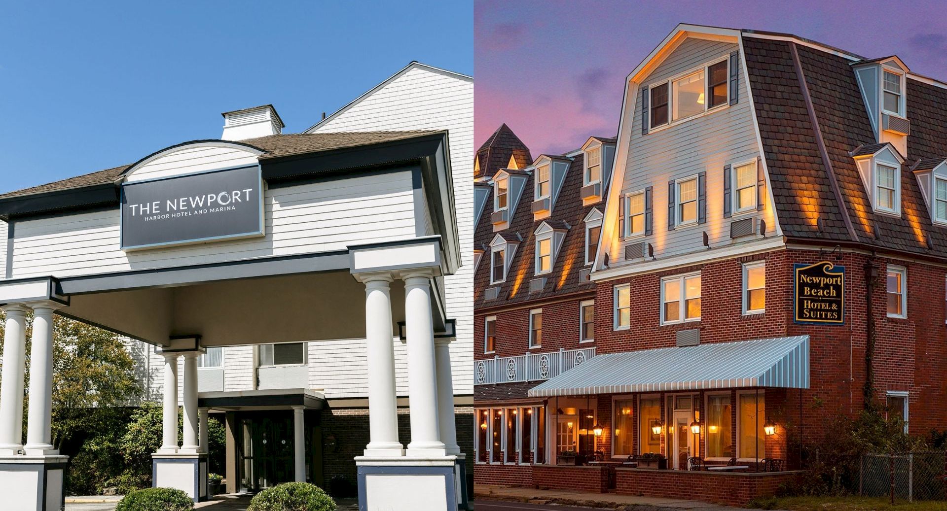 A hotel exterior with &ldquo;The Newport&rdquo; and &ldquo;Newport Beach Hotel & Suites&rdquo; signs under a bright sky and sunset.
