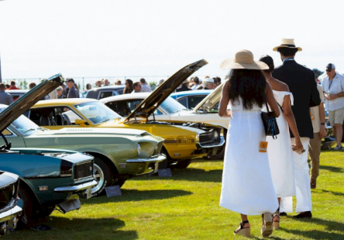 People walk through a sunny car show, with classic cars on display and hoods open in rows.